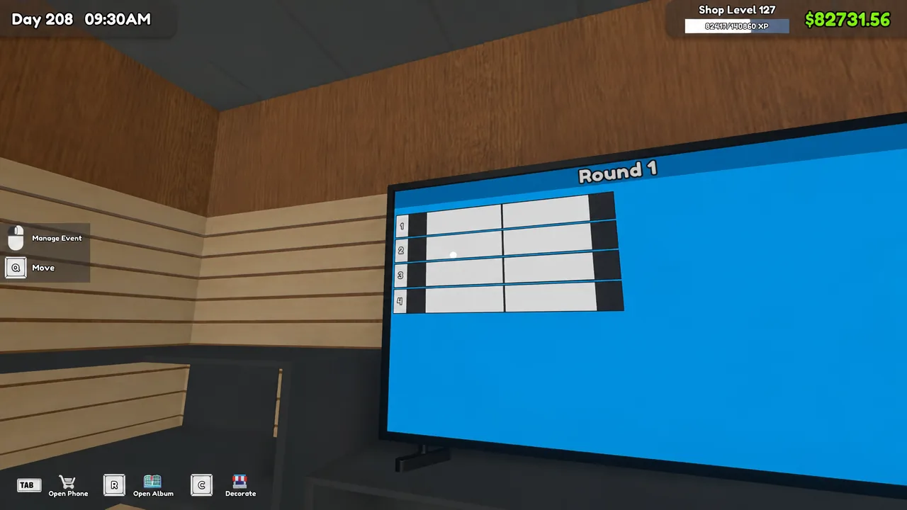 Round 1 scoreboard displayed on the shop screen with four numbered player rows