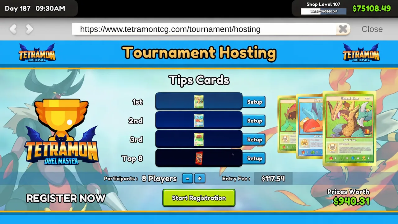 Tournament Hosting menu with the Start Registration button highlighted