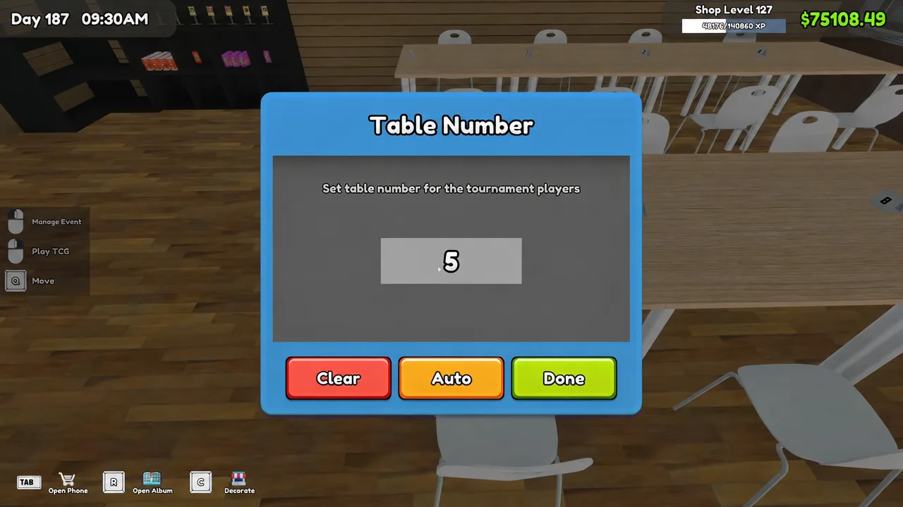 Table Number dialog open on a play table seat with the value set to 5
