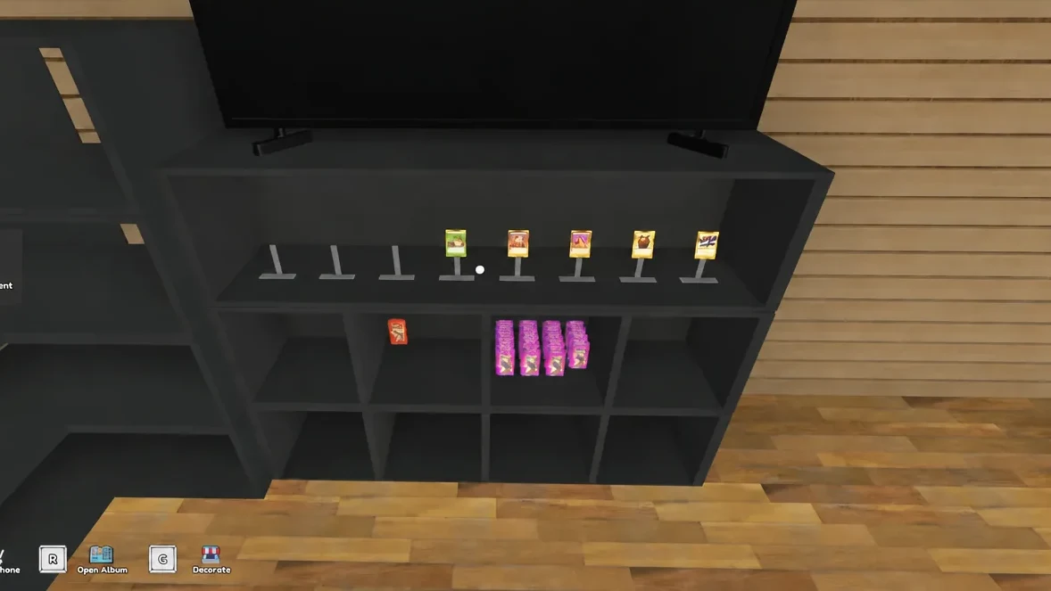 Cursor hovering over a row of collectible cards on the tournament prize shelf in the shop