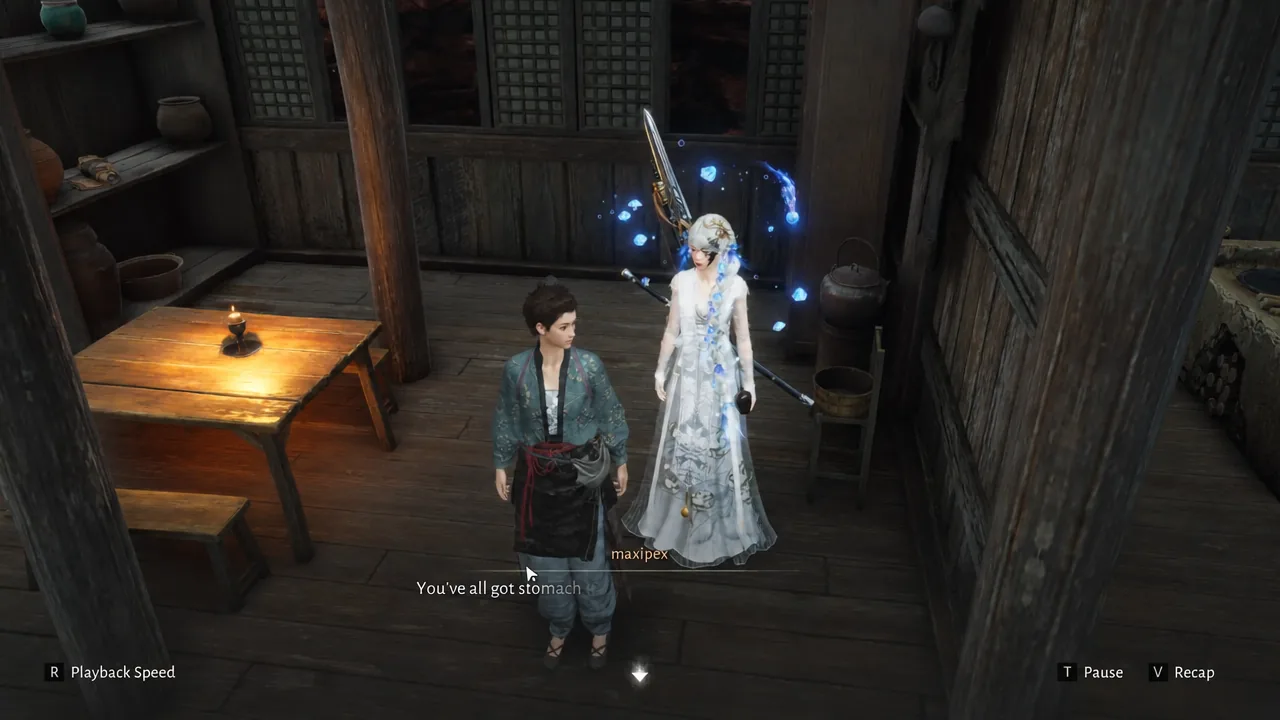 Dialogue scene with playback speed, pause and recap controls visible during the conversation