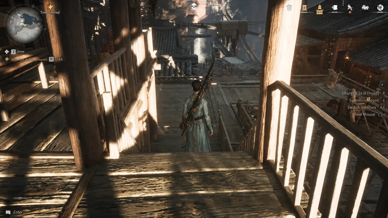 Player character heading down the wooden staircase toward the lower floor of the house