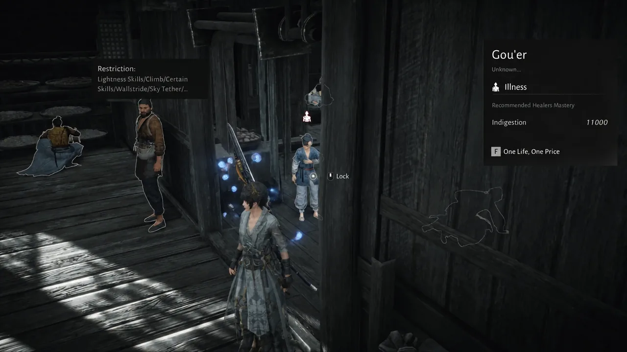 Gou'er's diagnosis screen showing the Indigestion condition and the One Life, One Price prompt