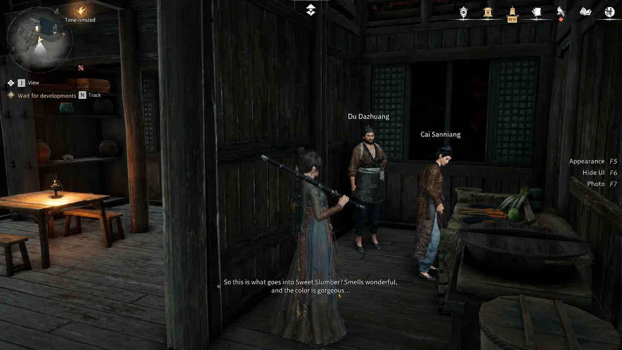 Closing conversation with Du Dazhuang and Cai Sanniang as the objective marker stays highlighted