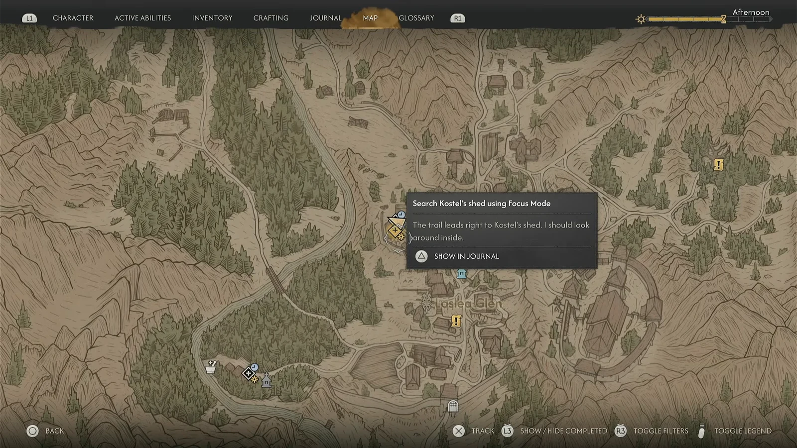 Map screen showing the Search Kostel's shed using Focus Mode objective