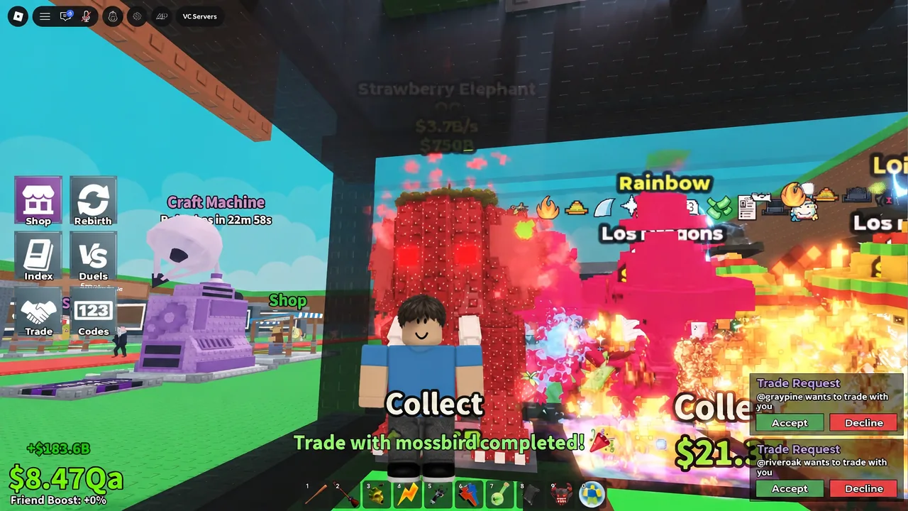Collecting a Strawberry Elephant while two Trade Request dialogs wait on the screen