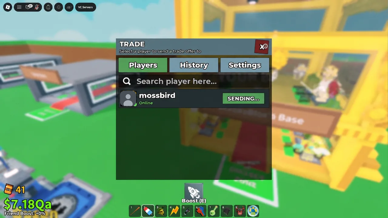 Trade menu Players tab with a selected player and a Sending… status on the trade offer
