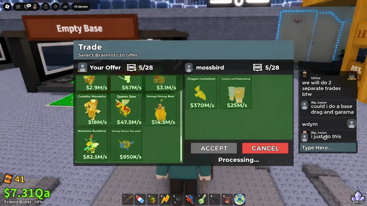 Trade window showing both sides' Brainrots with a Processing status while the swap completes