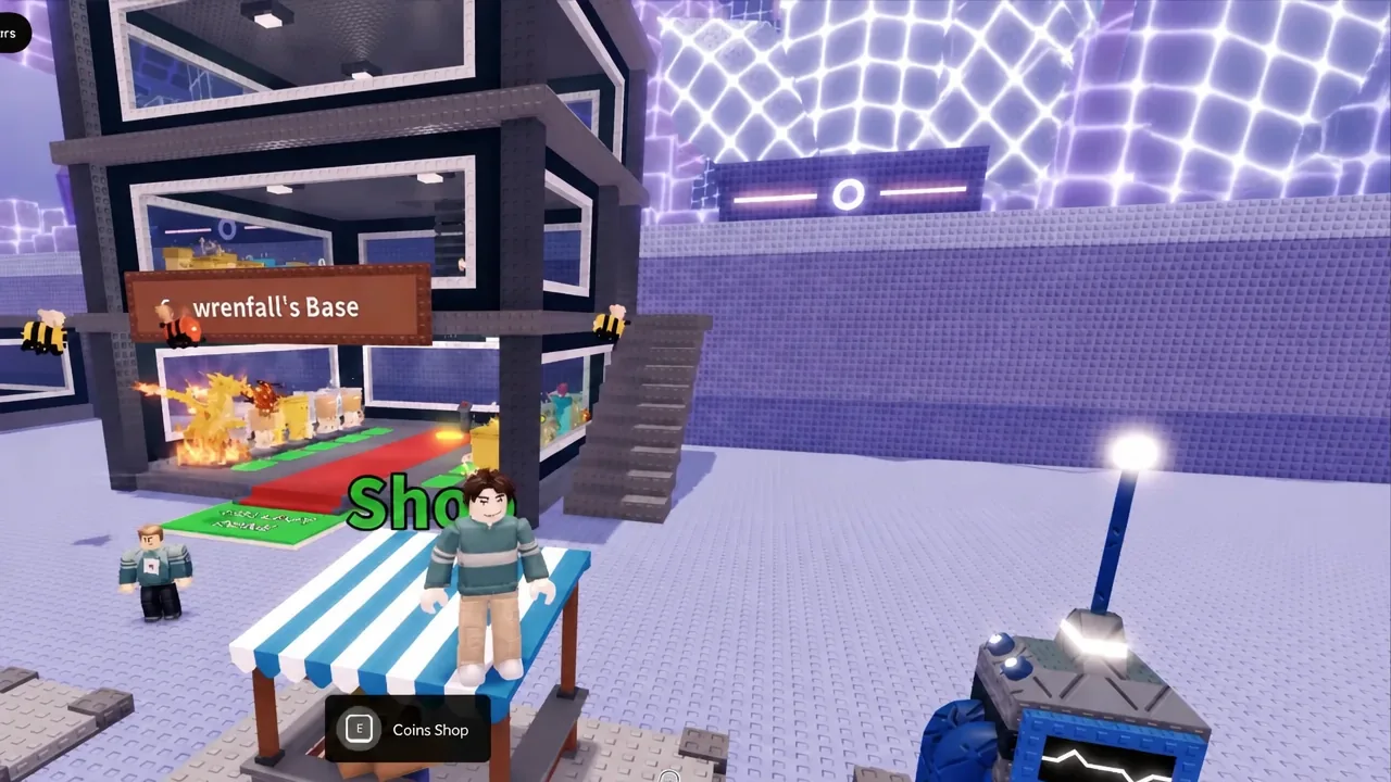 Player standing at the Coins Shop with the E button prompt highlighted on screen