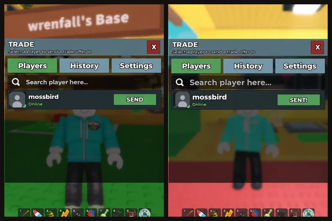 Players tab before and after sending a trade offer, with the button reading SEND then SENT!