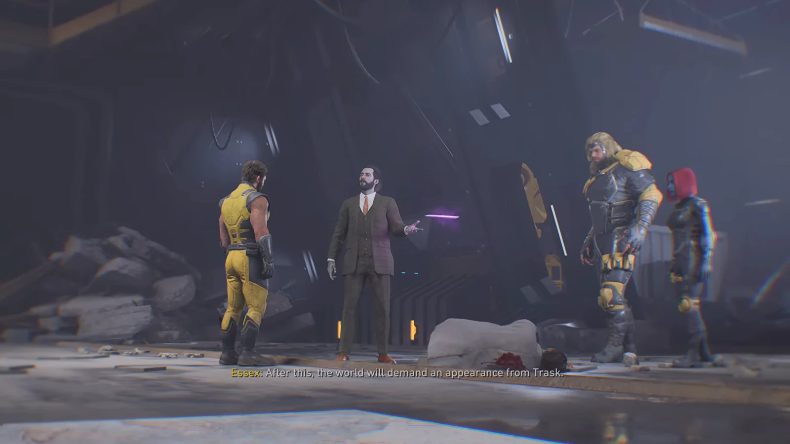 Essex holding Trask's glowing tablet while Wolverine, Sabretooth and Mystique look on
