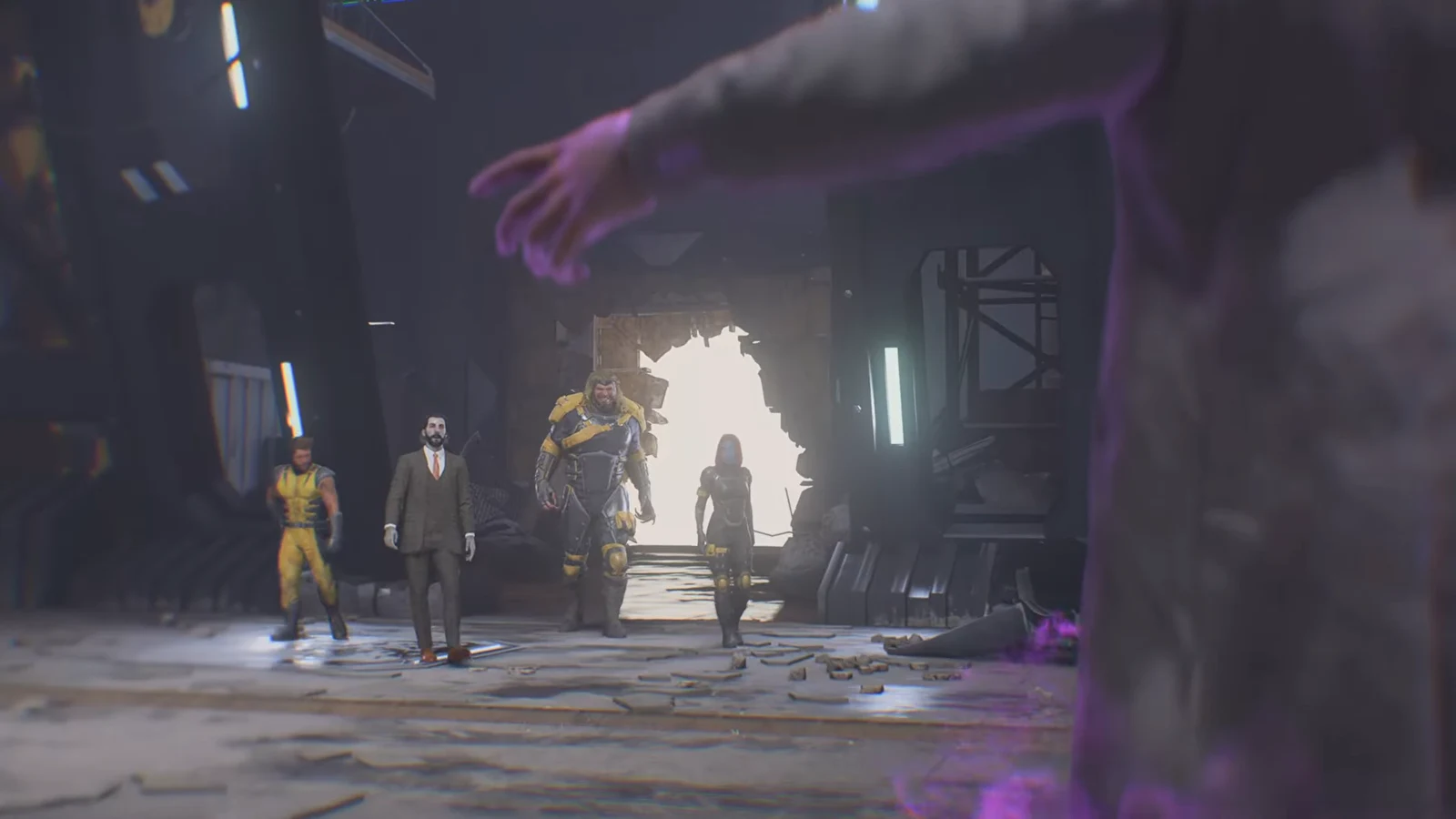 Wolverine, Essex, Sabretooth, and Mystique walking together through a destroyed wall