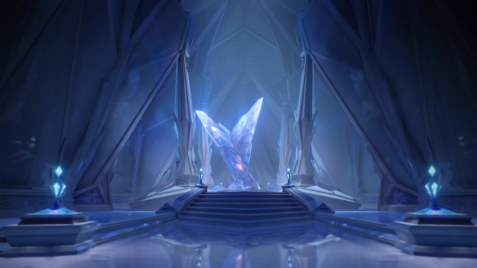 The Cryo Archon standing before a jagged crystalline monolith with a galaxy pattern inside