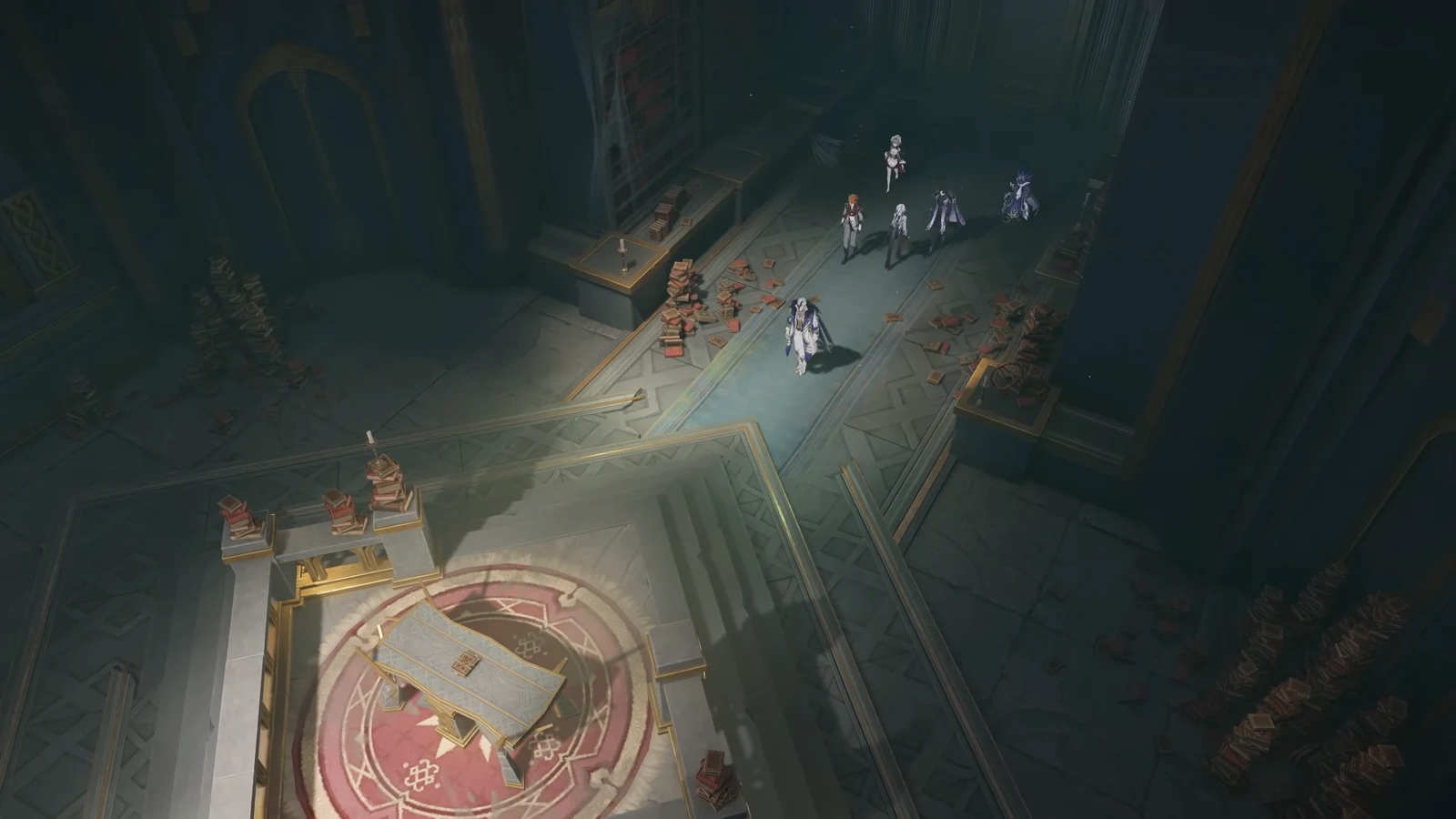 Pierro looking at an old framed portrait of two men while the Harbingers stand in the assembly hall