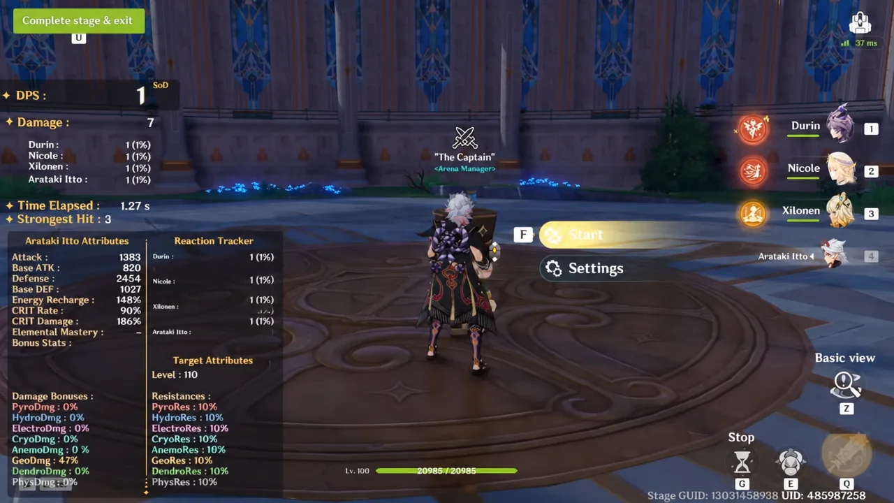 Arena Manager screen with the Start button highlighted before a practice stage begins