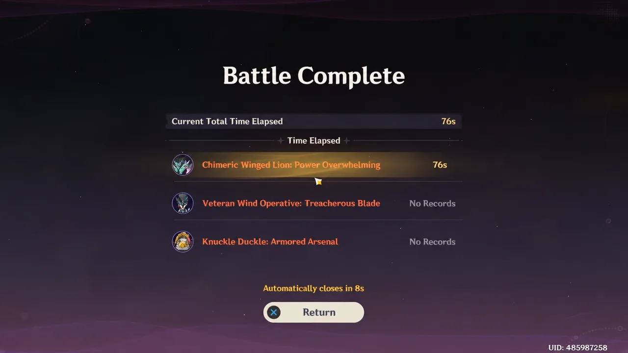 Battle Complete screen showing the Chimeric Winged Lion cleared with its elapsed time and a Return button
