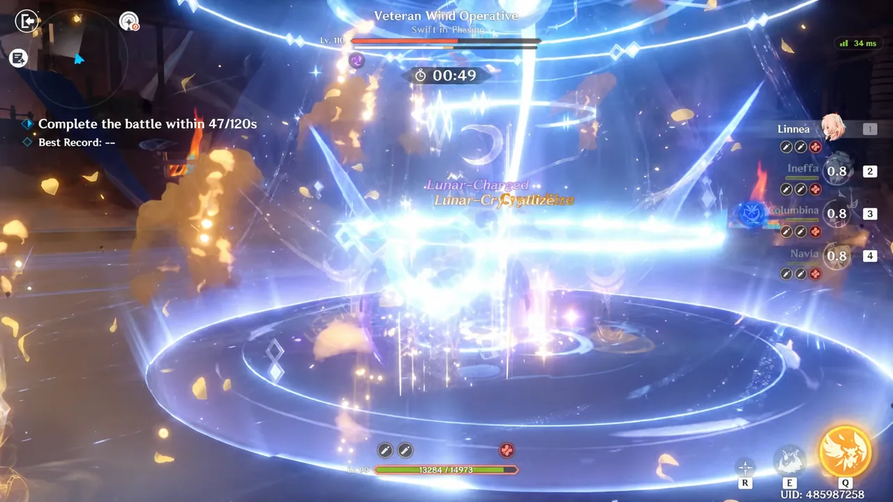 Combat against the Veteran Wind Operative with the elemental burst button lit up on the right