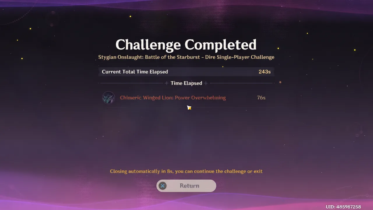 Challenge Completed screen after all three Stygian Onslaught battlefields are finished