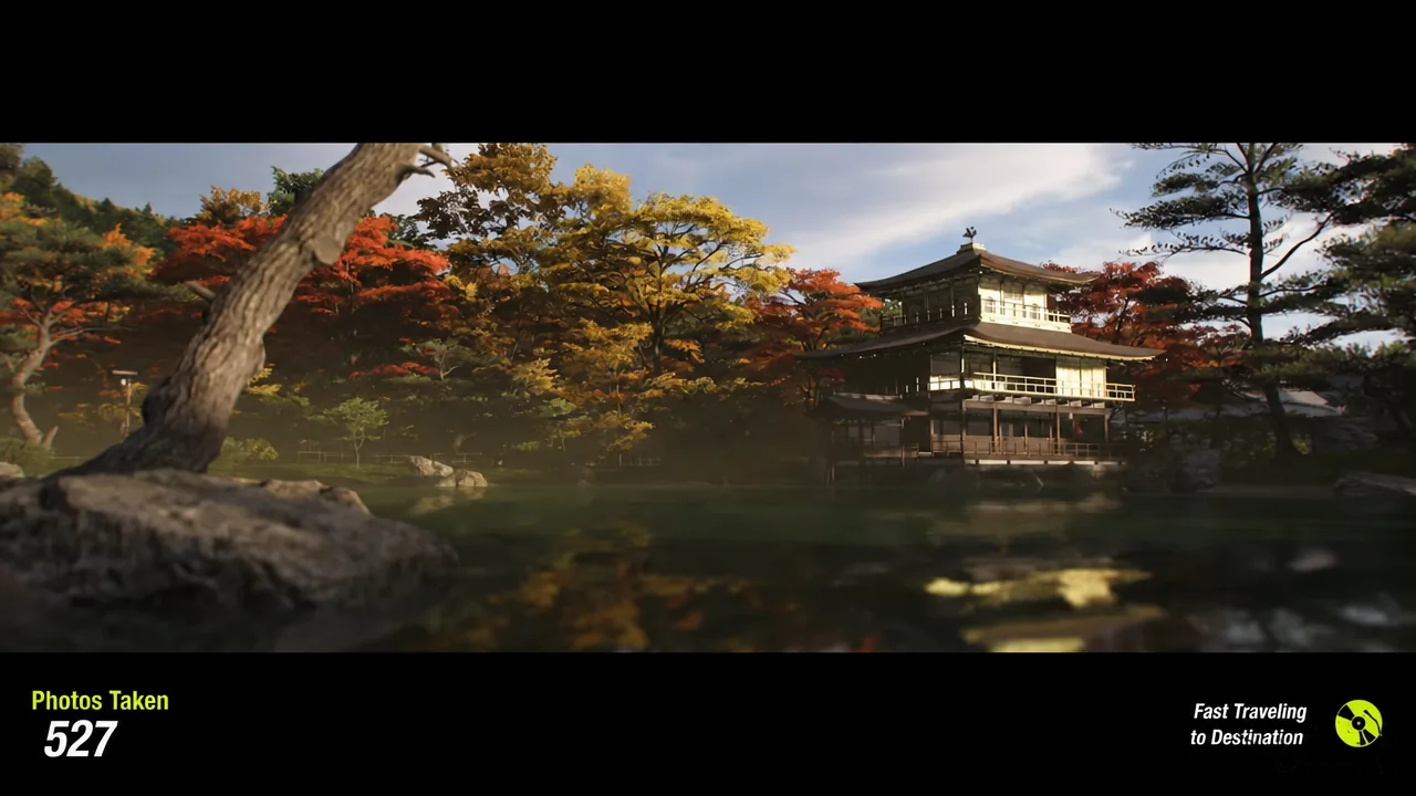 Fast travel loading screen showing a scenic location and player stats while the game moves you across the map