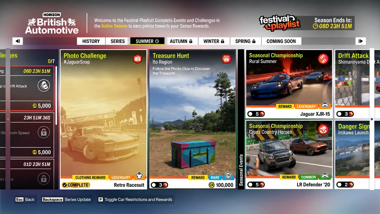 Festival Playlist menu with the Summer tab open, showing the season's events and challenges