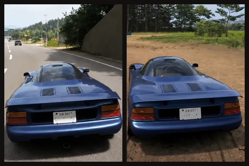 Two gameplay frames of the same blue sports car, one on paved road in first gear and one on dirt in second gear