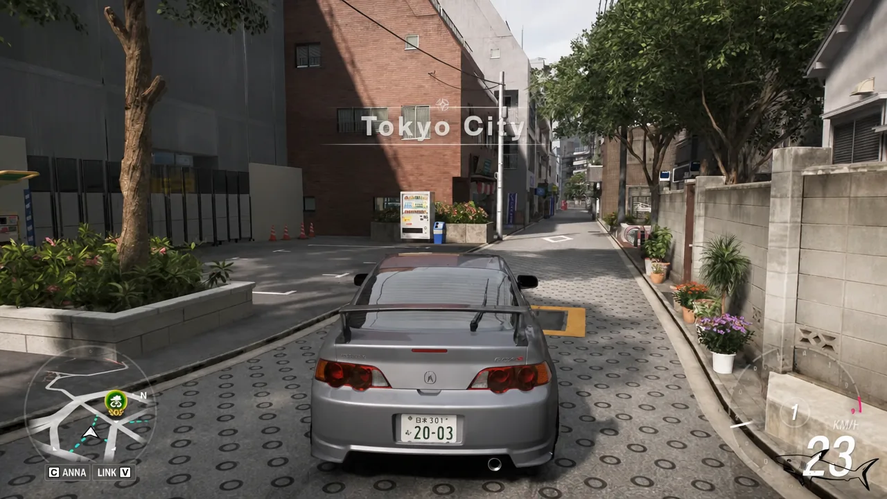 An Acura RSX Type S driving through a tight Tokyo City street