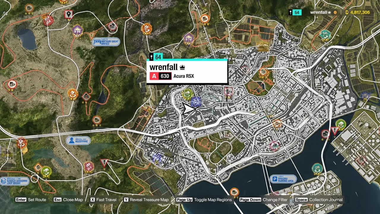 Map screen showing the exact chest position with the player card and Acura RSX visible