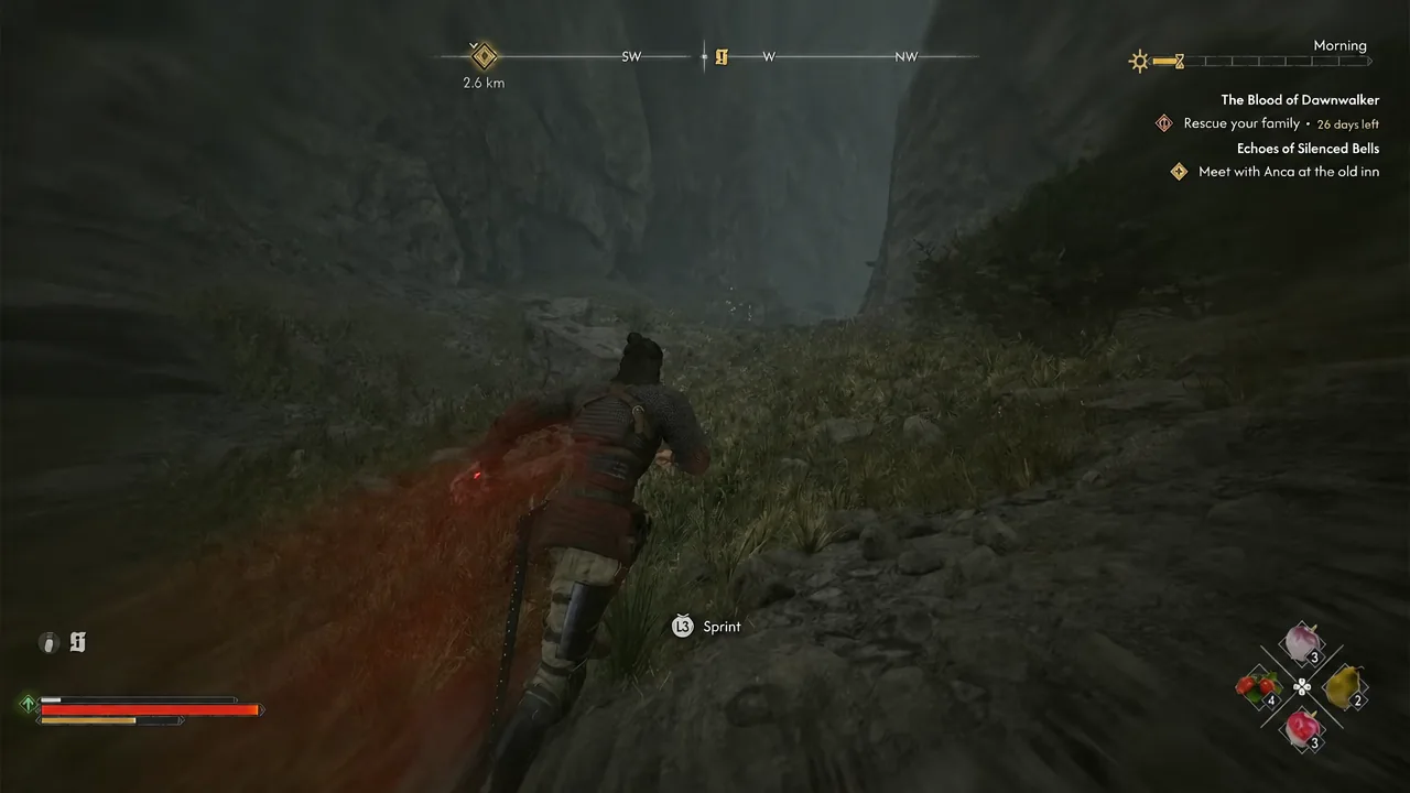 Coen sprinting along the road with the quest marker showing 2.6 kilometers remaining