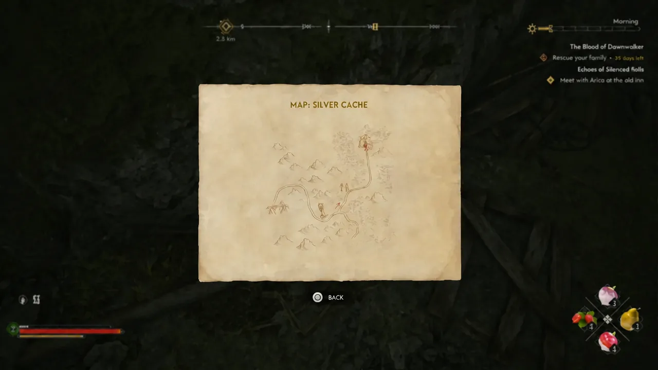 The Map: Silver Cache inventory screen showing the hand-drawn route to a cave marked with an X