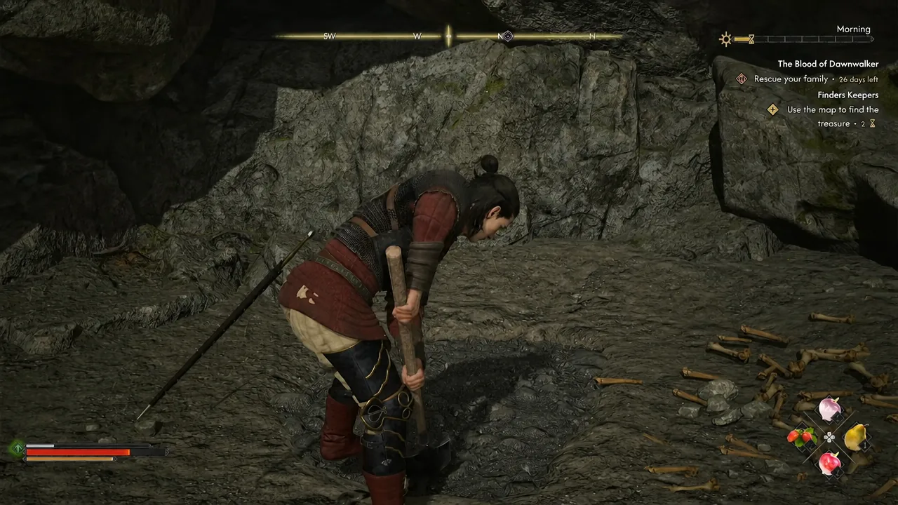 Coen digging at the cache site with the Finders Keepers objective tracked on screen