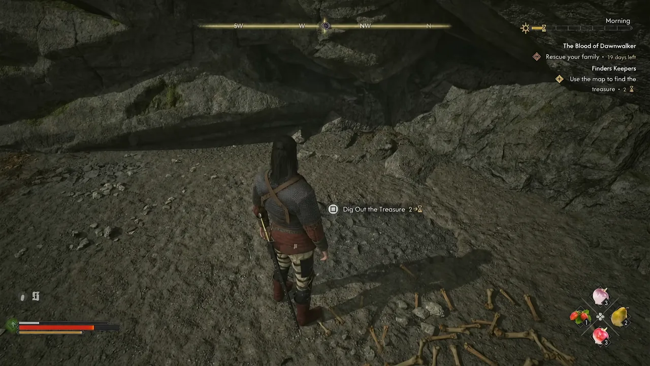 The Dig Out the Treasure button prompt on screen at the buried cache site