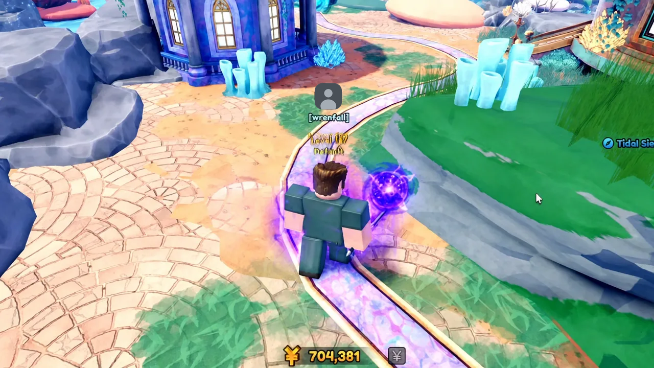 Player character moving along a glowing path while holding a purple orb during a test run