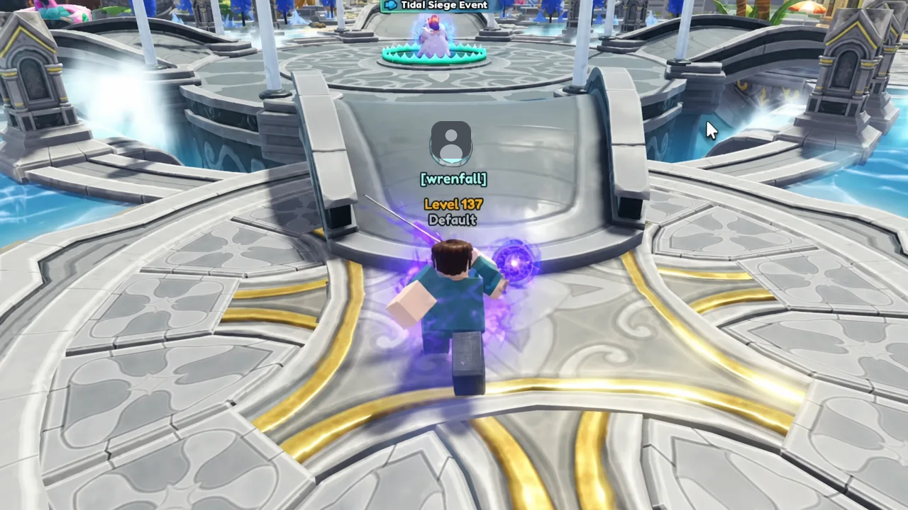 Tidal Siege Event stage with a player channeling a purple ability while moving to the central arena