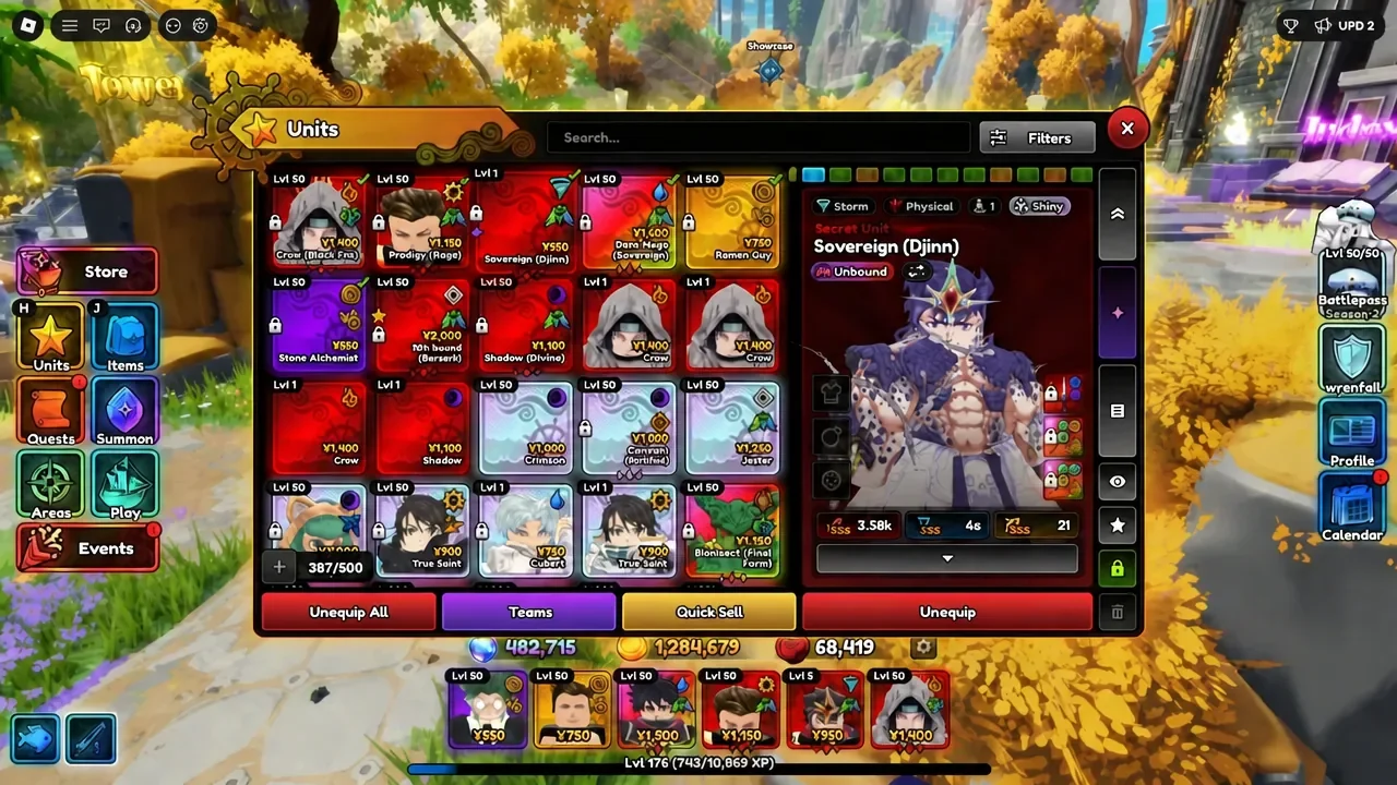 Units menu open with Sovereign (Djinn) selected, showing the unit's details panel