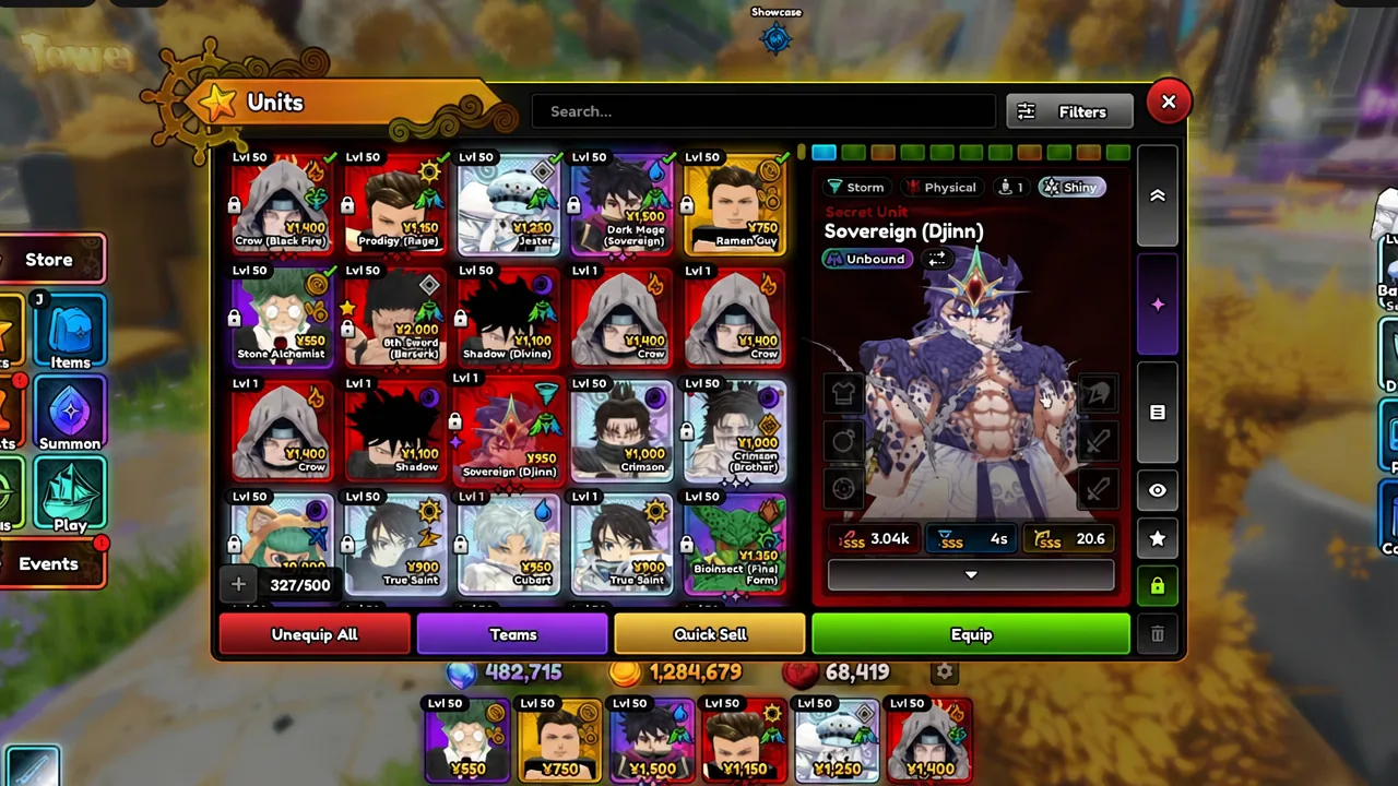 Equipment loadout screen with the Lightning Dagger and Warrior Pole slotted onto Sinbad