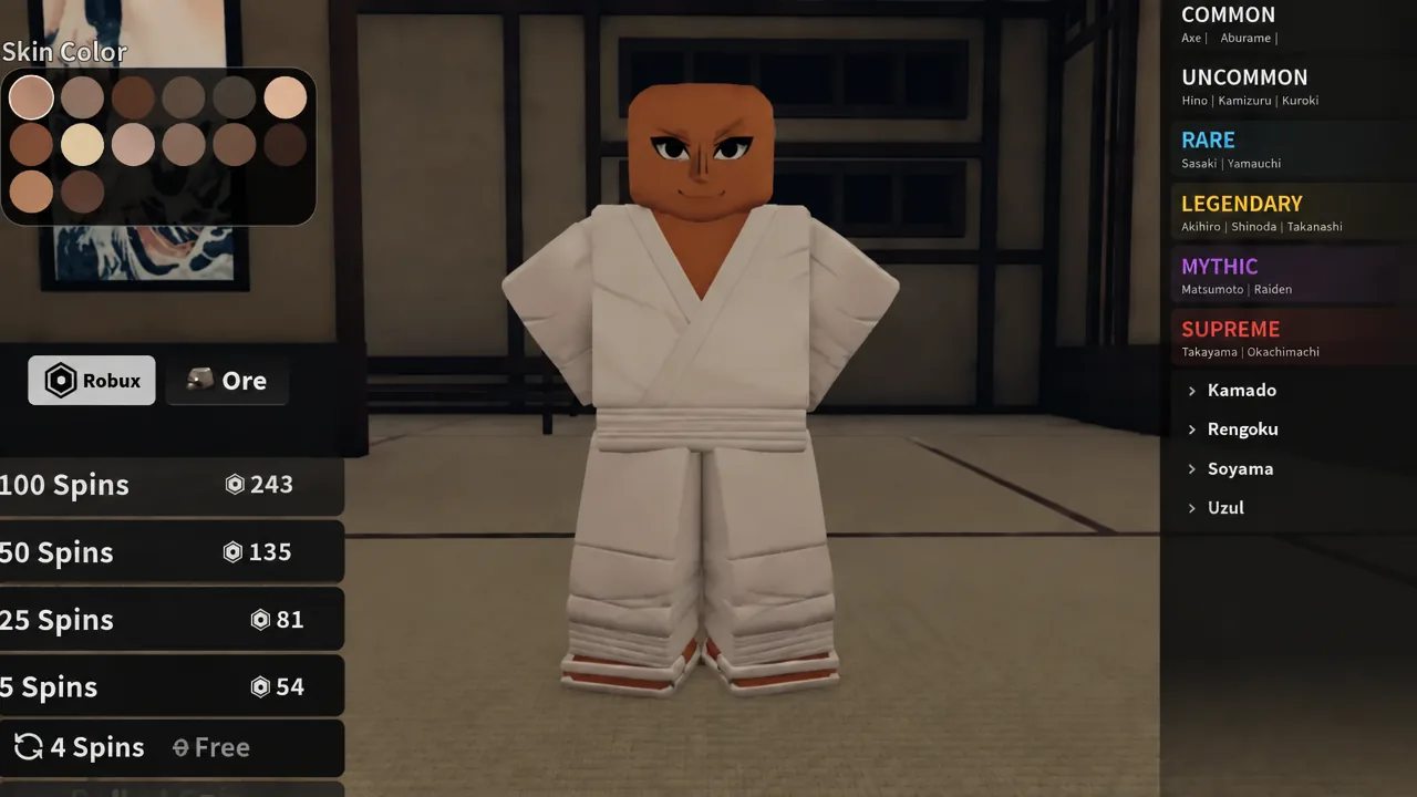 Project Slayers 2 customization menu with the Skin Color swatches open on the avatar