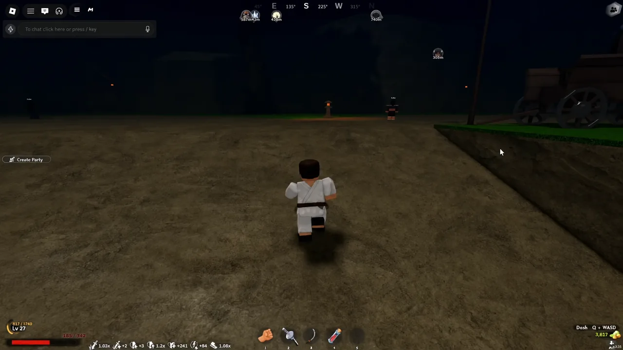 Player character running through a dark area toward distant buildings and NPCs