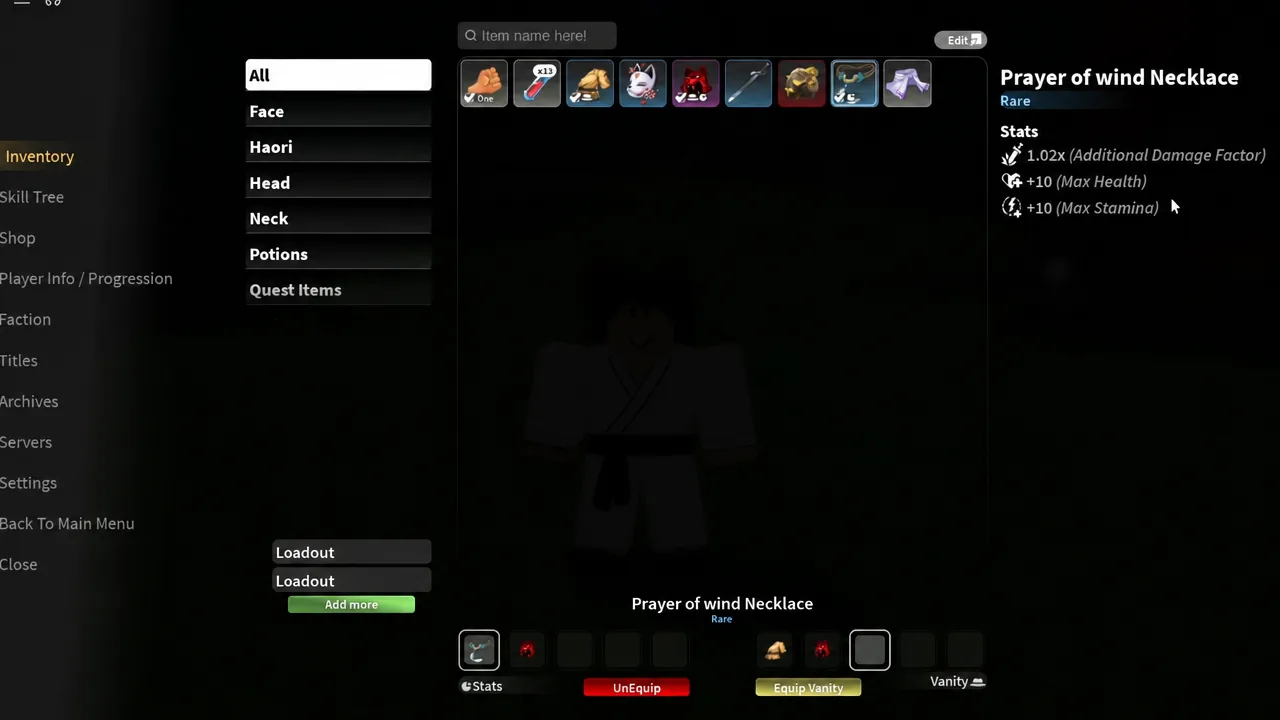 Inventory screen with the Prayer of wind Necklace selected and its stat bonuses listed