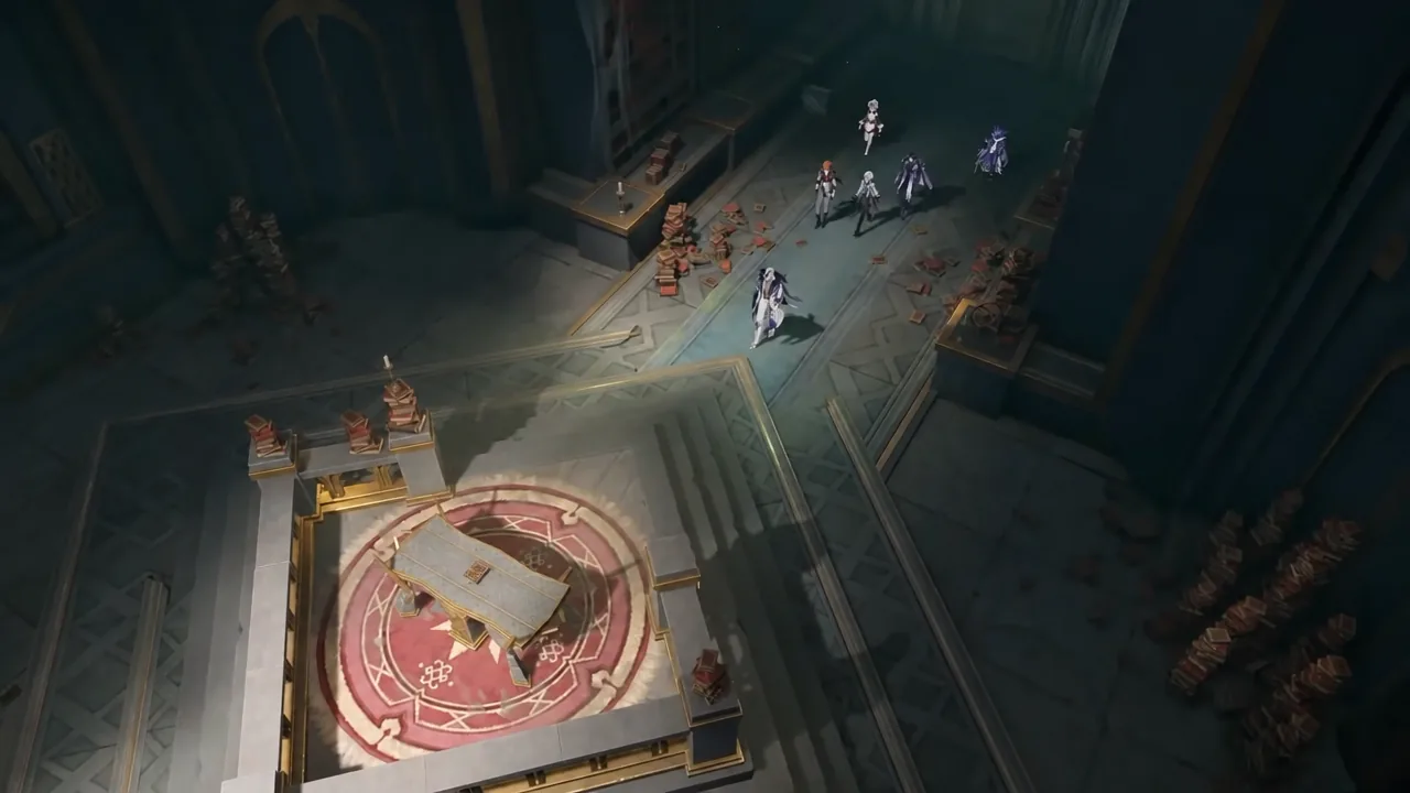 A party walks through a dark cathedral-like hall toward an altar