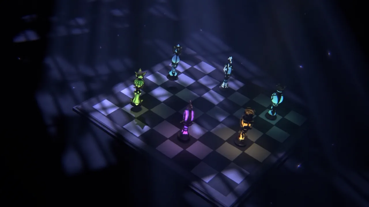Glowing purple chess piece among arranged pieces on a Gnosis chessboard