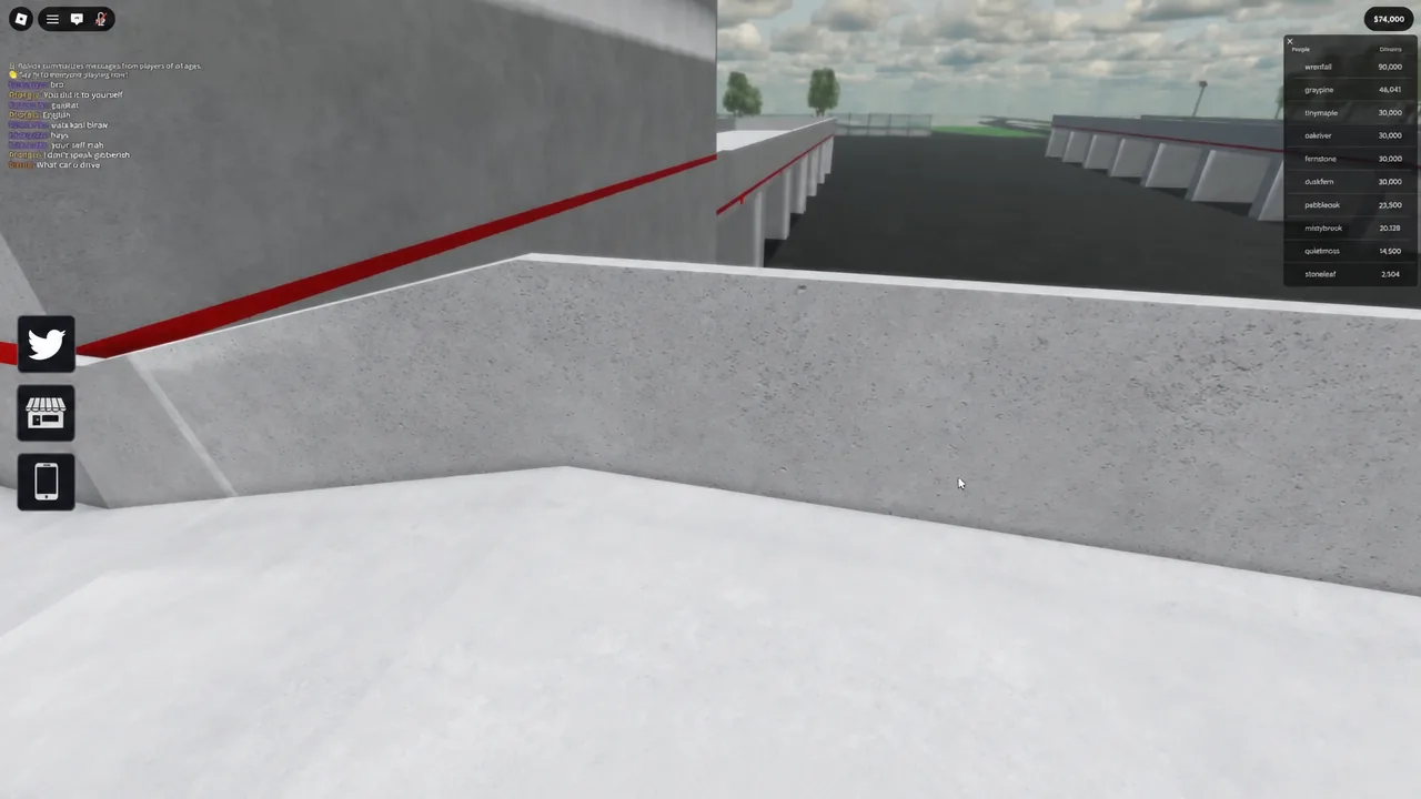 Gameplay screen shows the rooftop course while no control is highlighted; Twitter, storefront, phone buttons, chat,…