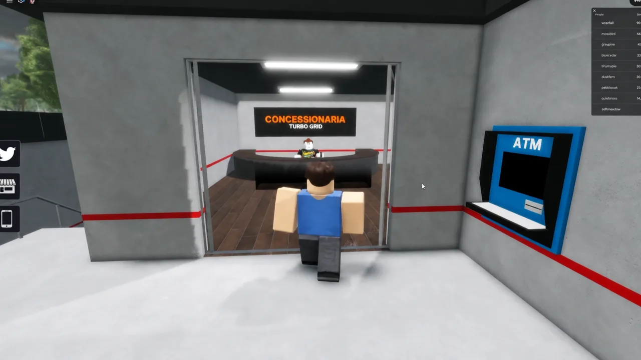 Player walking up to the receptionist inside the Concessionaria Turbo Grid dealership, with the ATM on the right