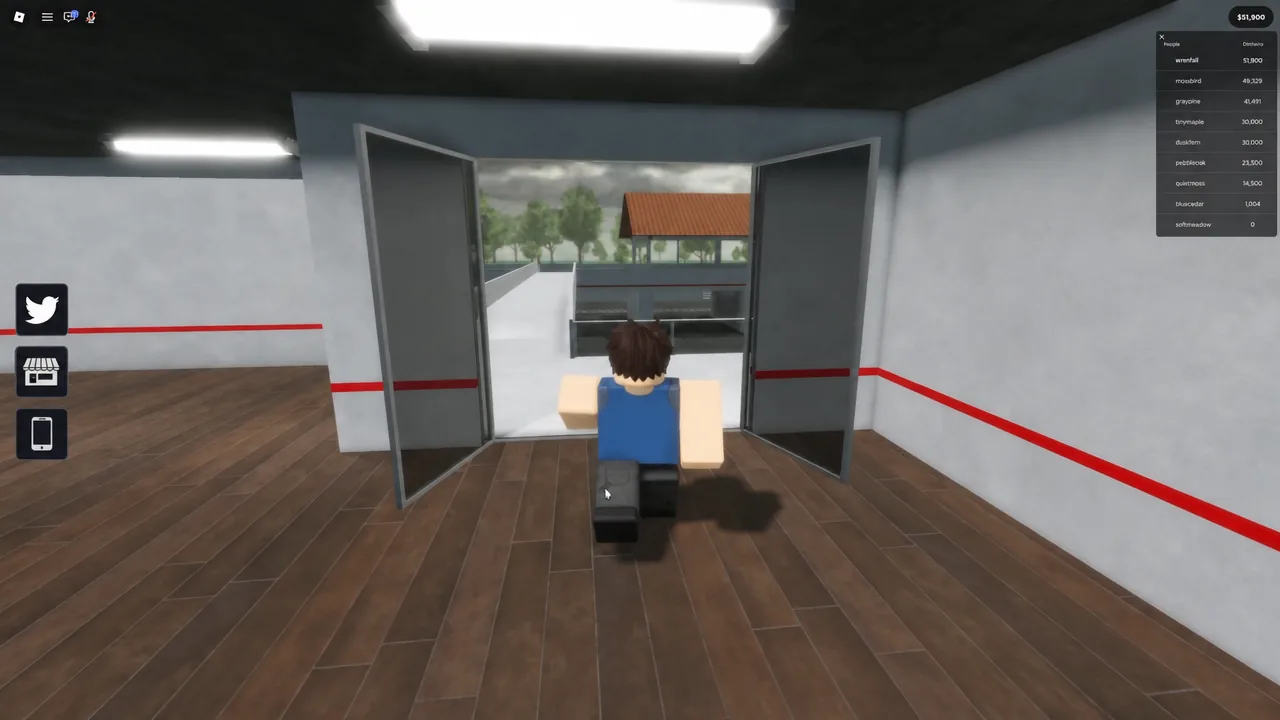 Player avatar walking through open double doors on the way down to the garage