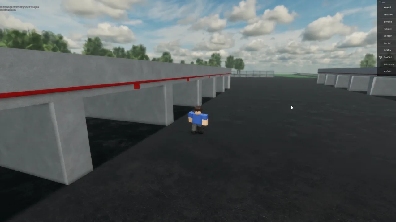 Avatar walking between concrete barriers with the People player list open on the right