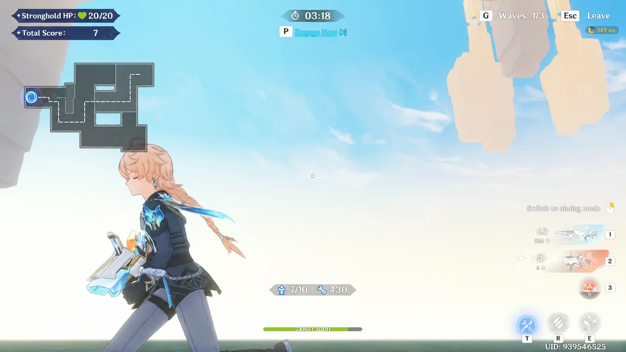 Domain HUD showing the movement key prompt, minimap and wave counter during the event