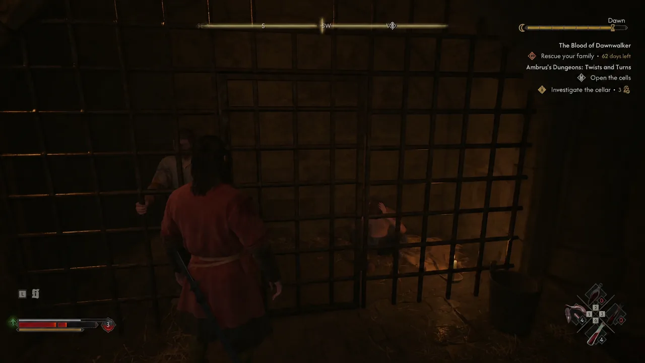The Open the cells objective on the HUD as the player faces a barred prison cell