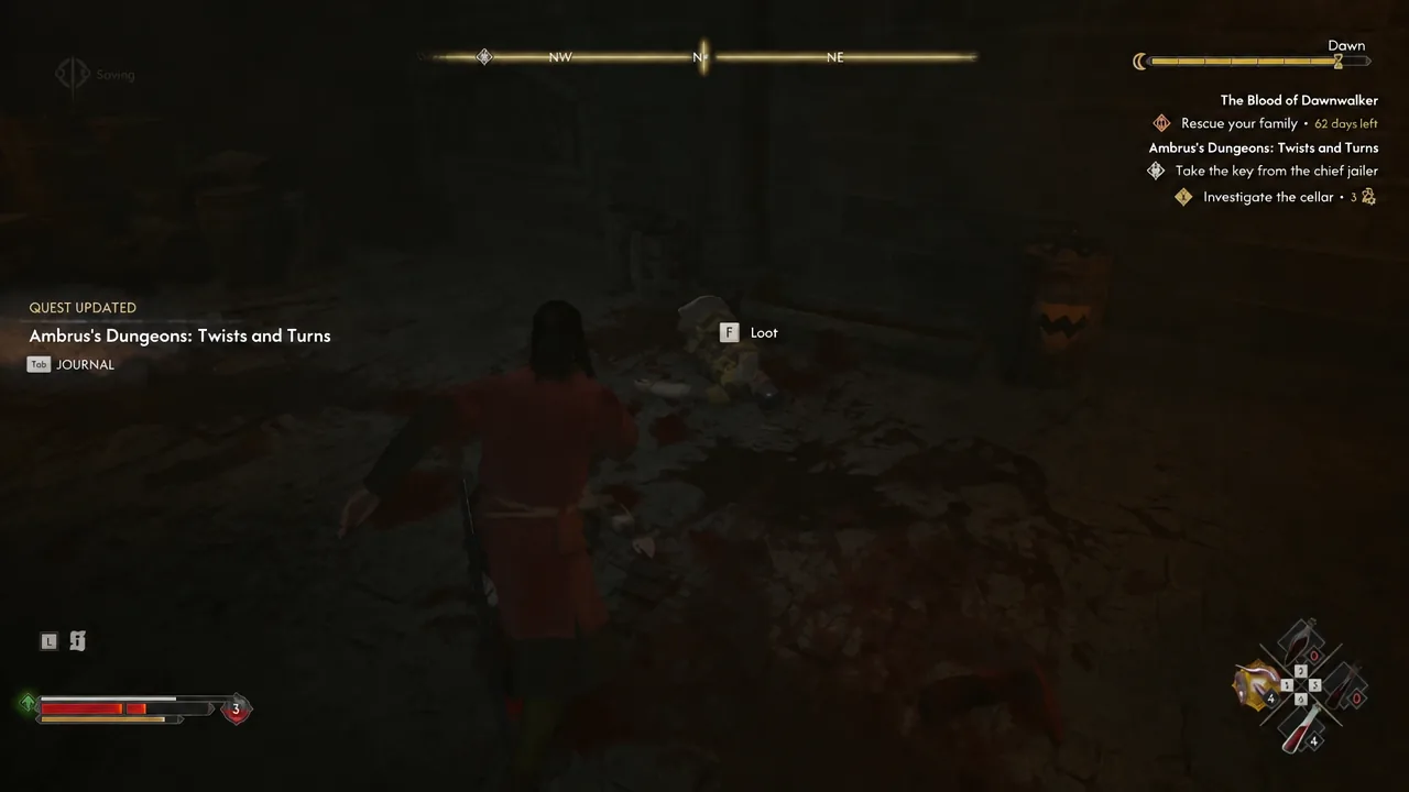 Loot prompt on the chief jailer's body during Ambrus's Dungeons: Twists and Turns