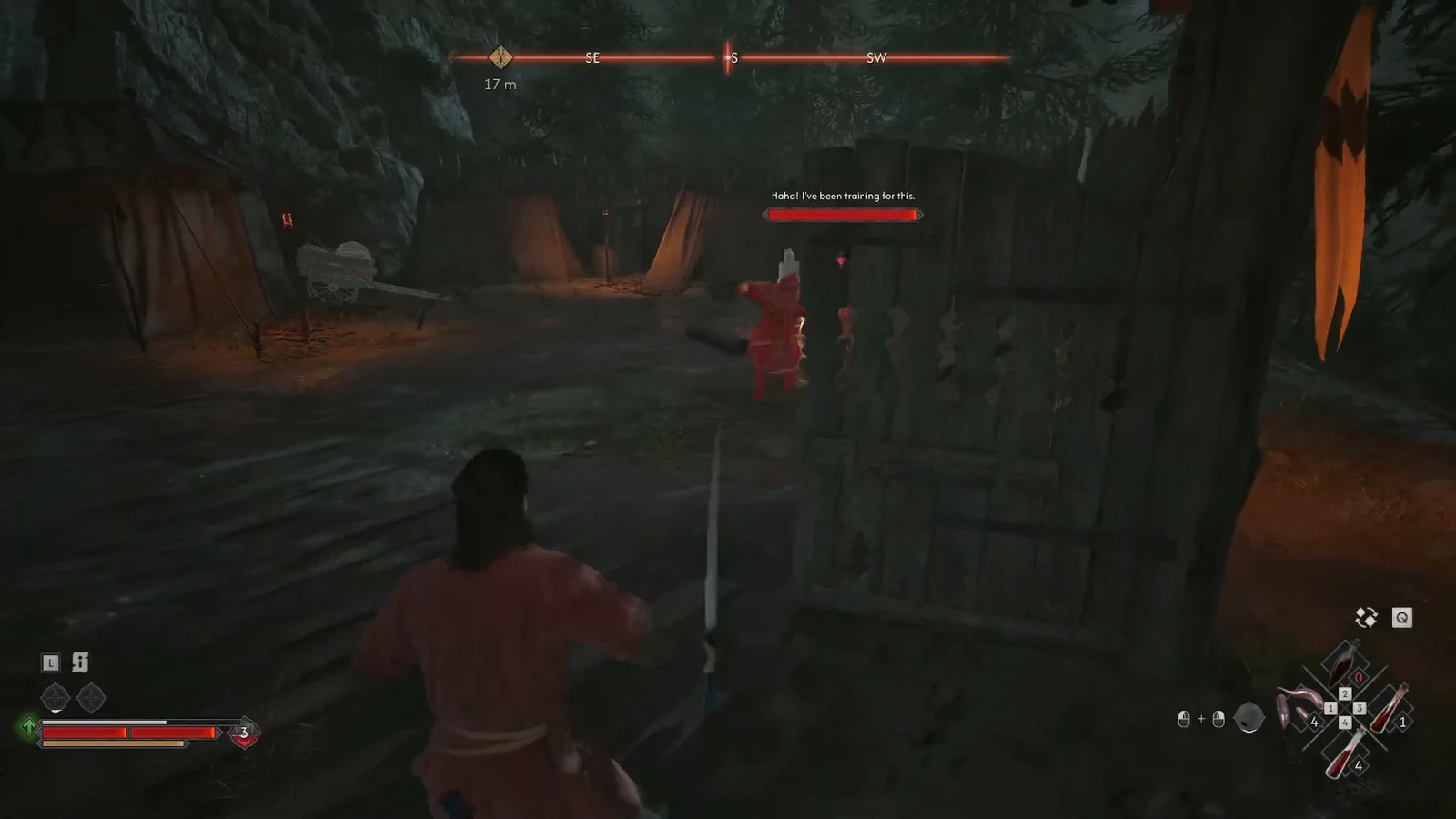 Sword combat against a red-highlighted guard with a full health bar in the outpost yard