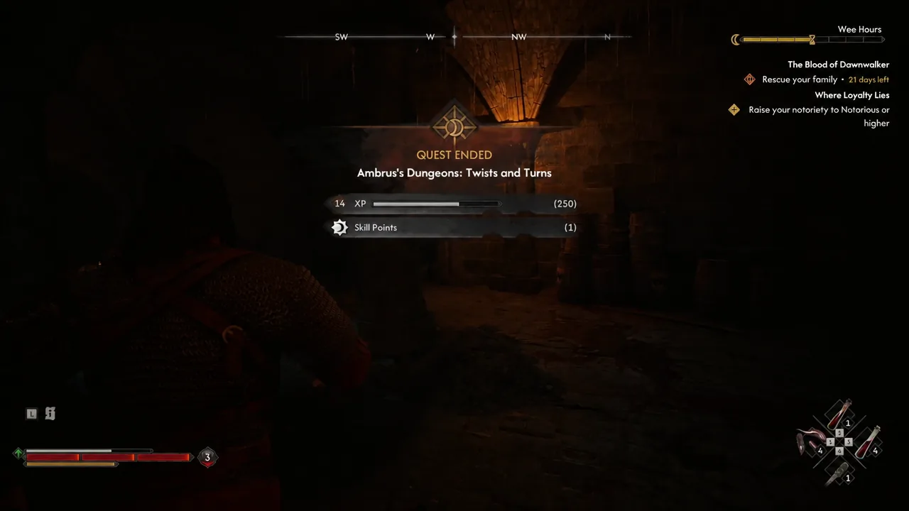 Quest Ended screen for Ambrus's Dungeons: Twists and Turns listing XP and one Skill Point