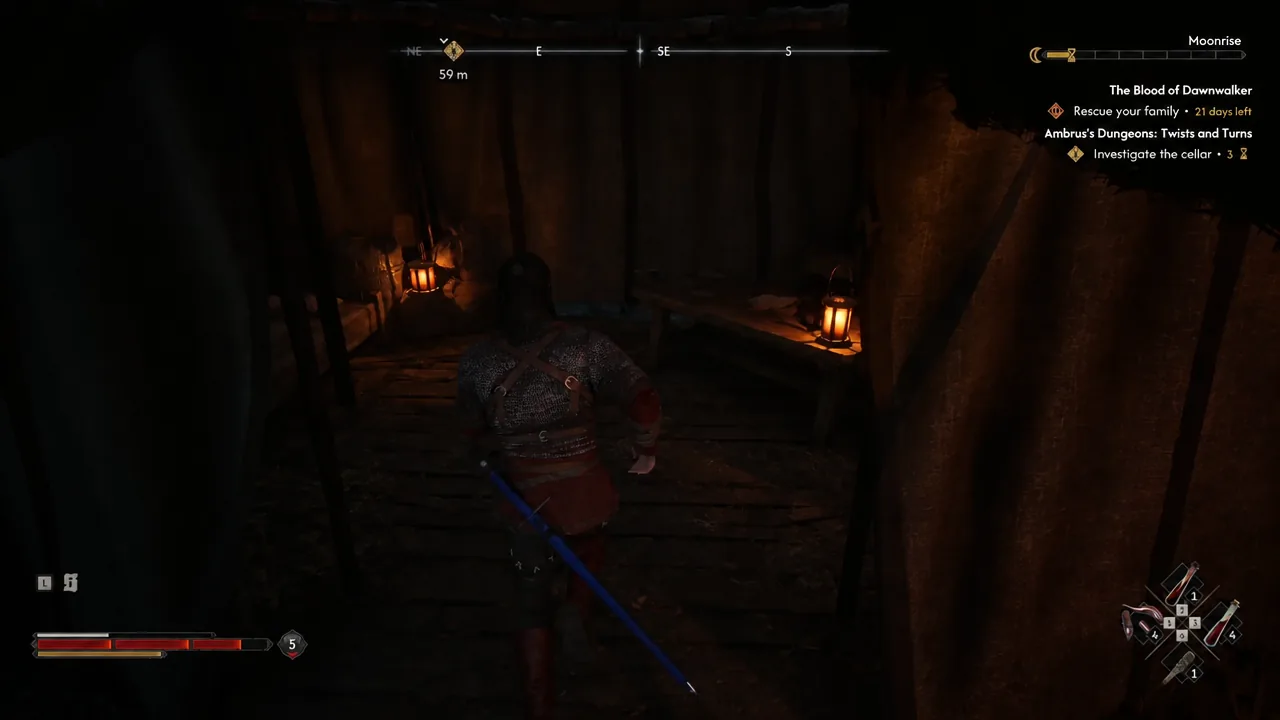 Coen moves through the torchlit cellar passage with the Investigate the cellar objective active